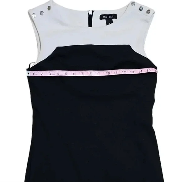 White House Black Market Women’s 8 Black White Sheath Dress Silver Button Mod - Picture 7 of 8
